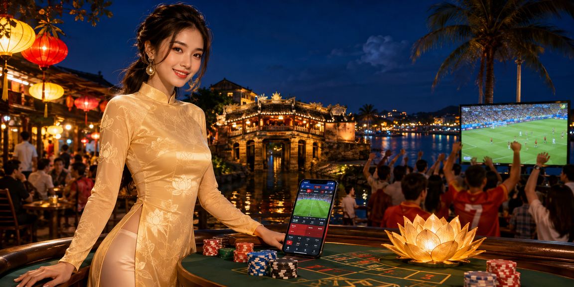 Khung cảnh Hội An về đêm với người dùng theo dõi kèo bóng đá trực tuyến trên điện thoại