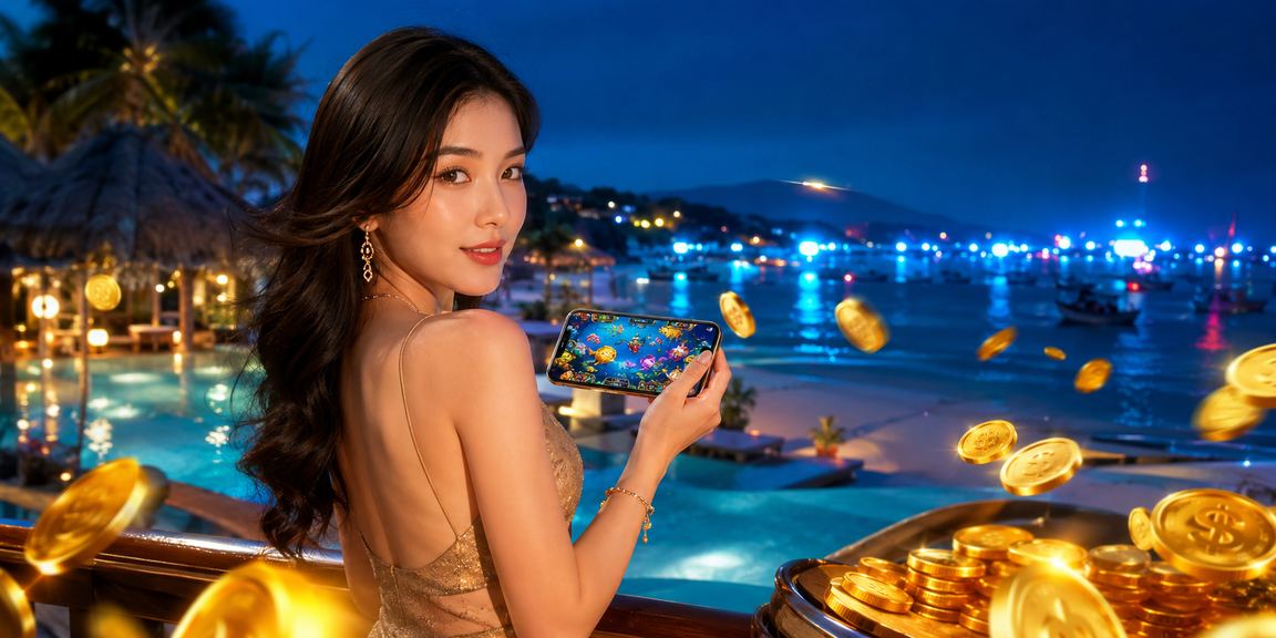 Người chơi thư giãn bên bãi biển Mũi Né trong khi tham gia game bắn cá trực tuyến trên mobile