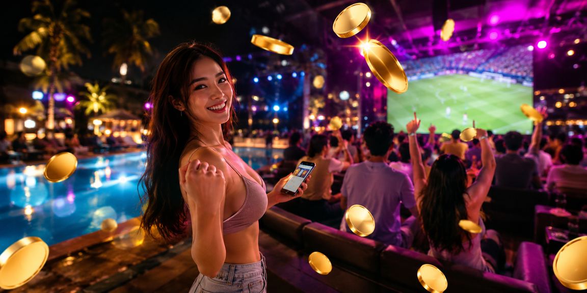 Không gian giải trí ban đêm tại Mũi Né với ánh đèn neon và màn hình cược trực tuyến
